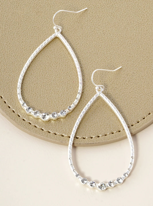 Graduated Crystal Stone Studded Textured Metal Teardrop Dangle Earrings