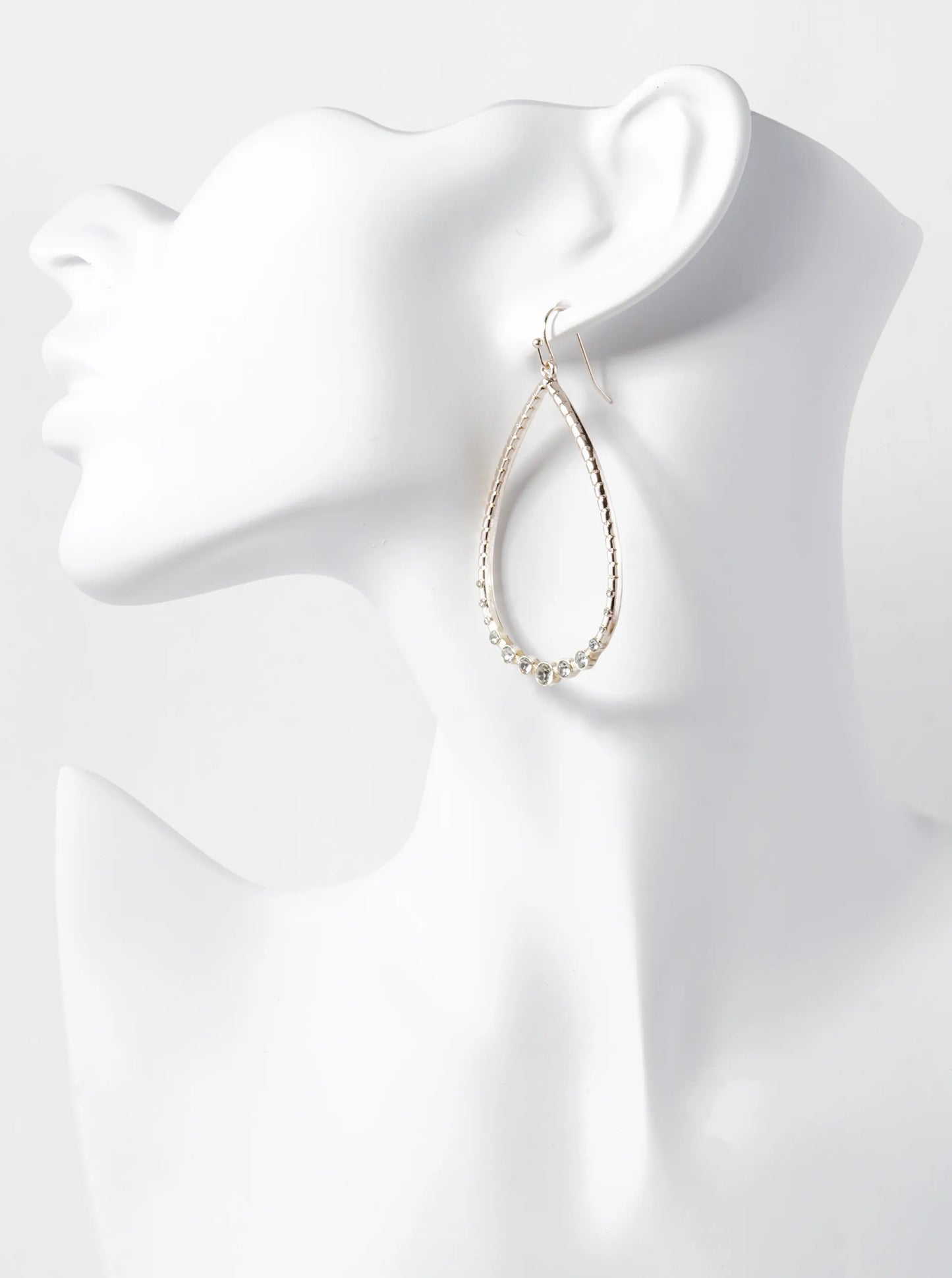 Graduated Crystal Stone Studded Textured Metal Teardrop Dangle Earrings