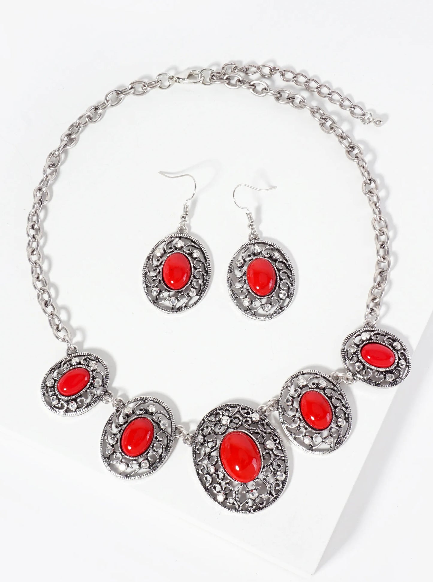 Graduated Oval-Shape Semi-Precious Natural-Stone Bohemian Bib Statement Necklace Set-with-Earrings