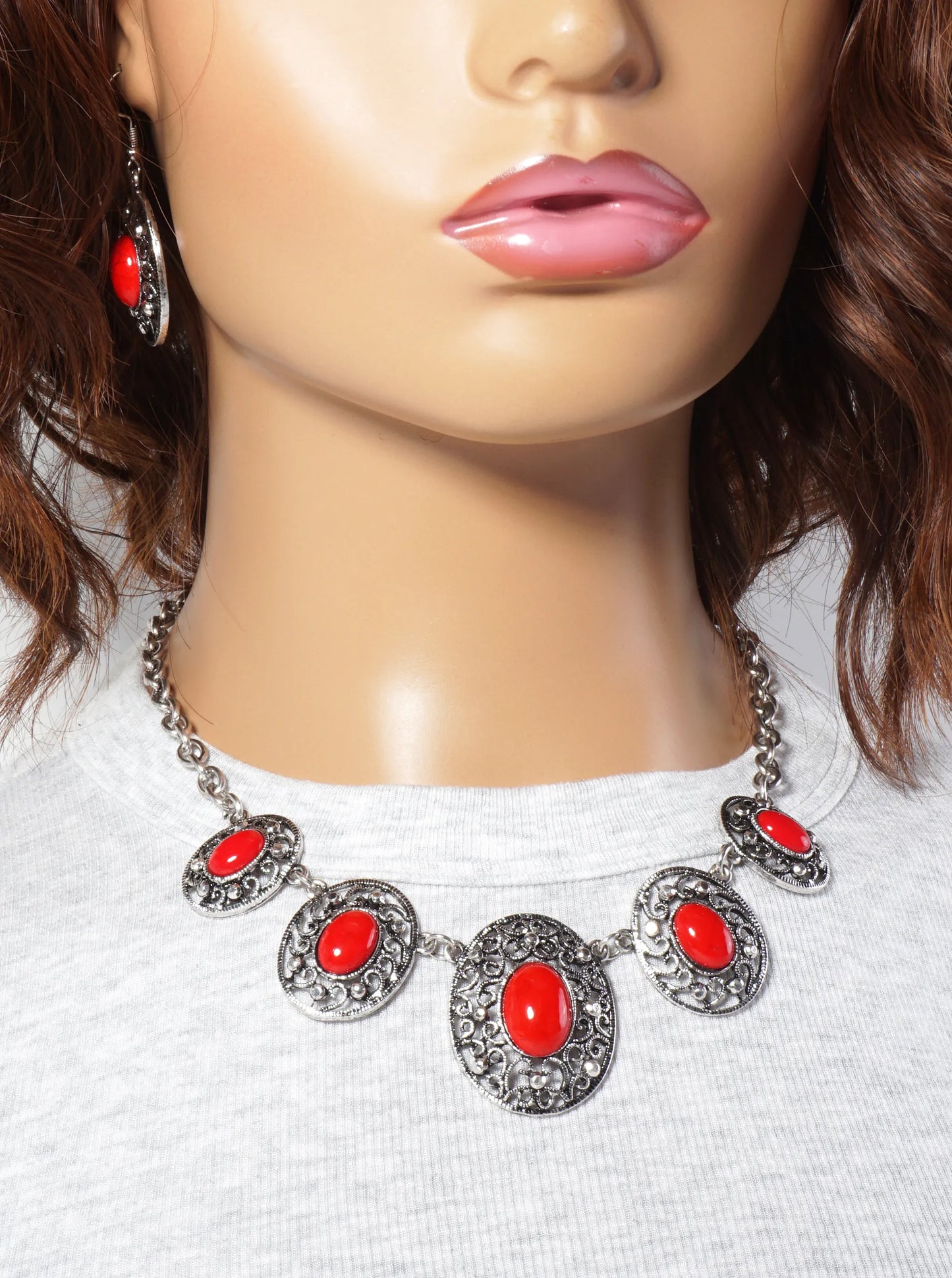Graduated Oval-Shape Semi-Precious Natural-Stone Bohemian Bib Statement Necklace Set-with-Earrings