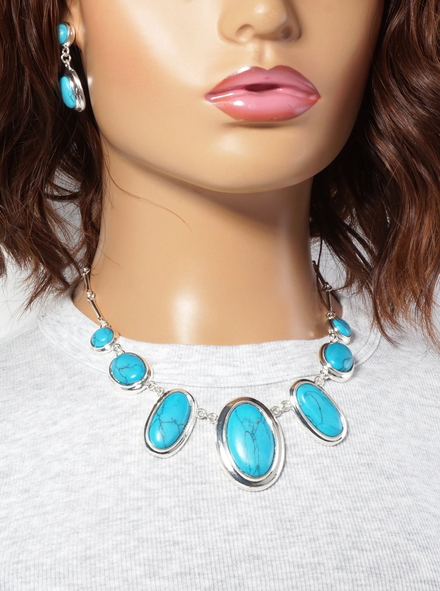 Graduated Oval-Shape Semi-Precious Natural-Stone Bohemian Necklace Set-with-Earrings