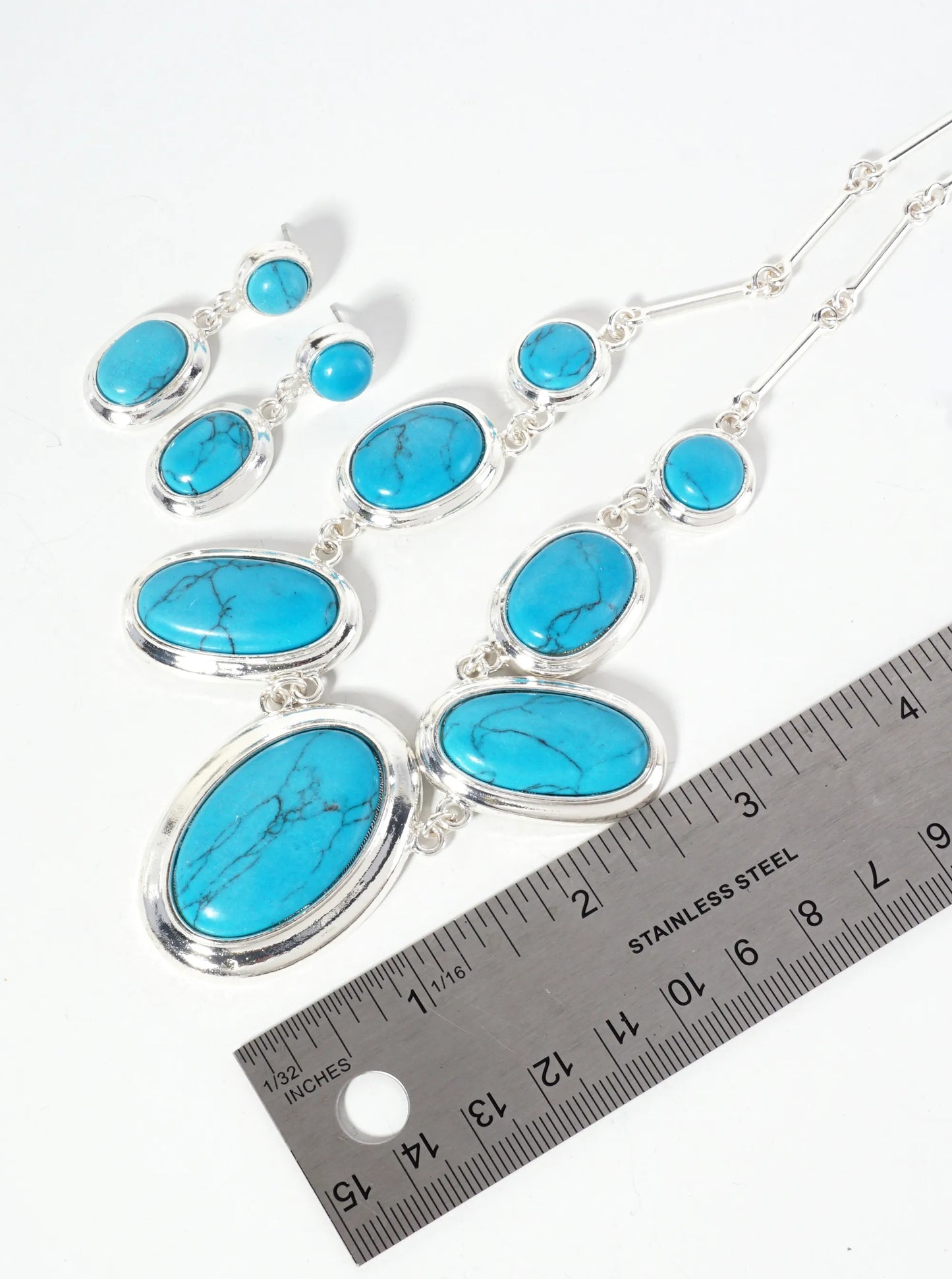 Graduated Oval-Shape Semi-Precious Natural-Stone Bohemian Necklace Set-with-Earrings