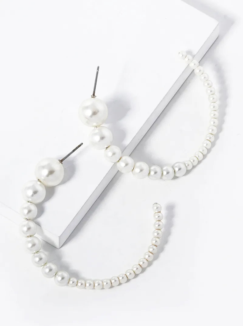Graduated Pearl Beaded 50mm Open Hoop Earrings