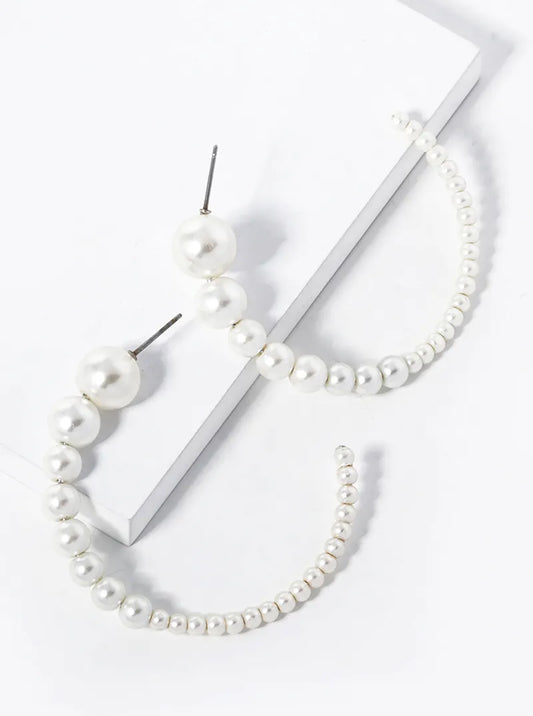 Graduated Pearl Beaded 50mm Open Hoop Earrings