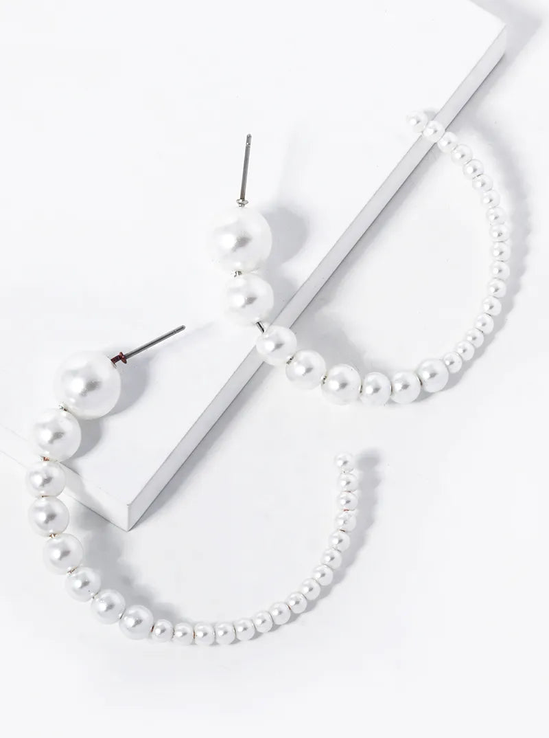 Graduated Pearl Beaded 50mm Open Hoop Earrings