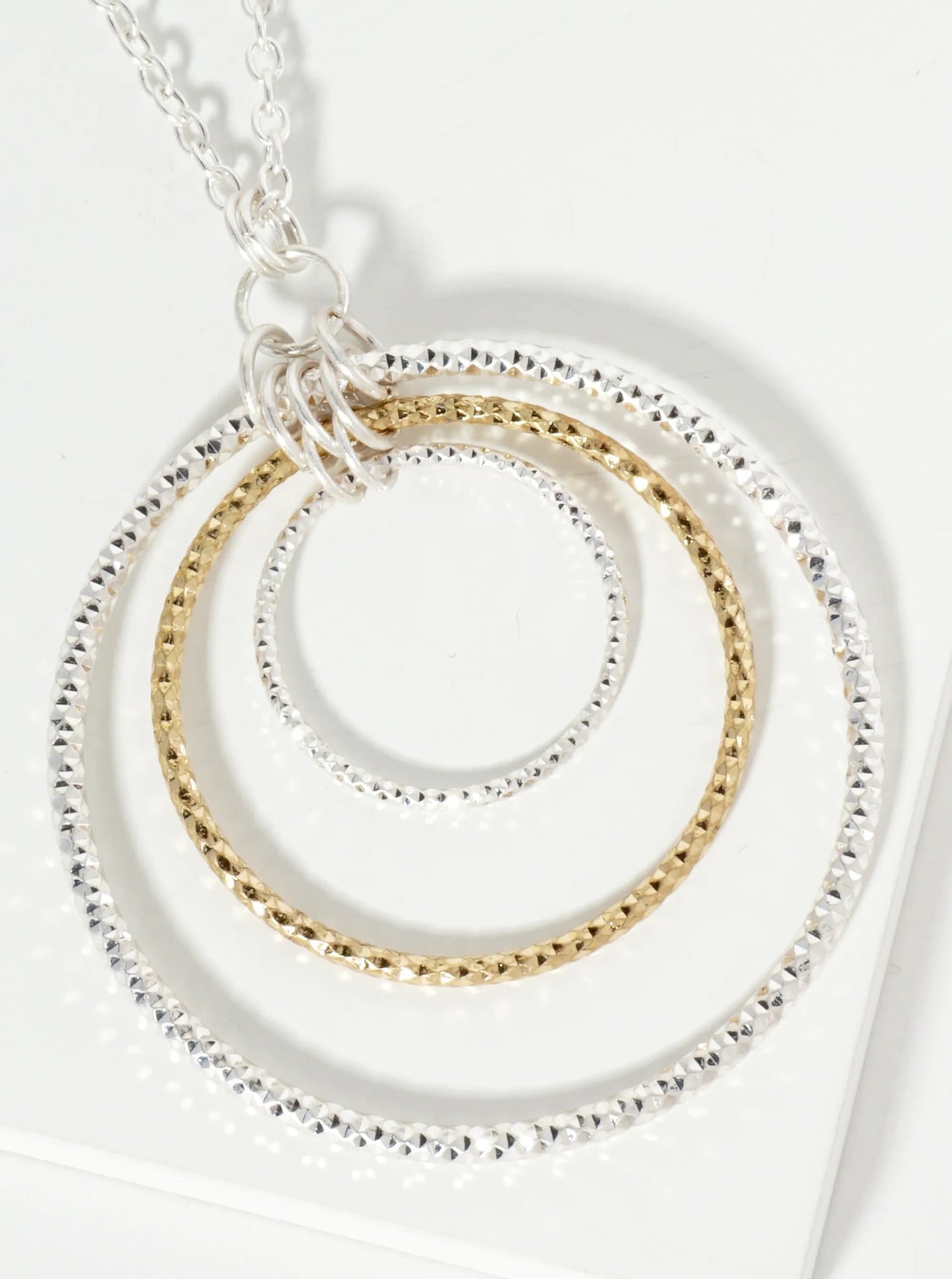 Graduated Sparkling Textured Circle Pendant 30 Inch Long Necklace