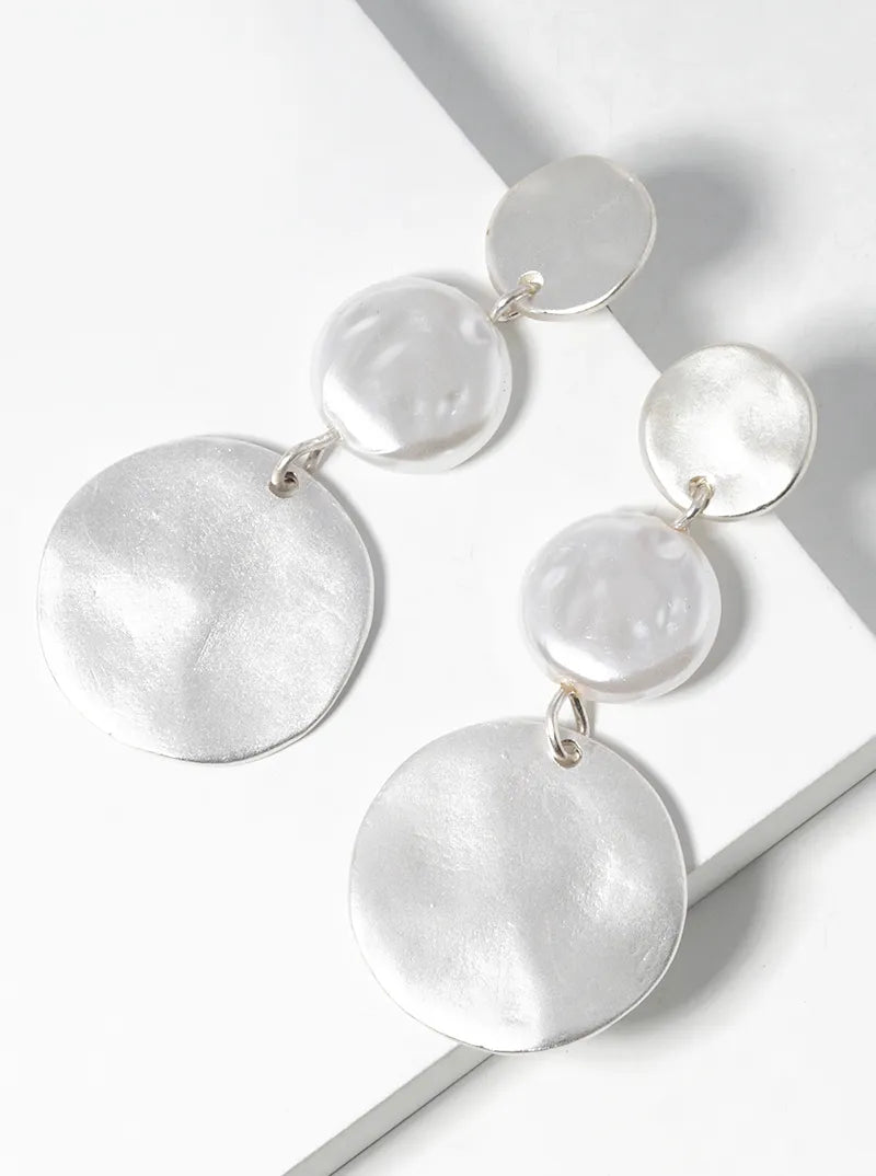 Graduated Three Round Discs And Pearl Drop Dangle Post Earrings