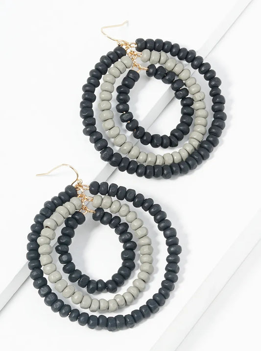 Graduated Tri Wood Beaded Circle Dangle Drop Earrings