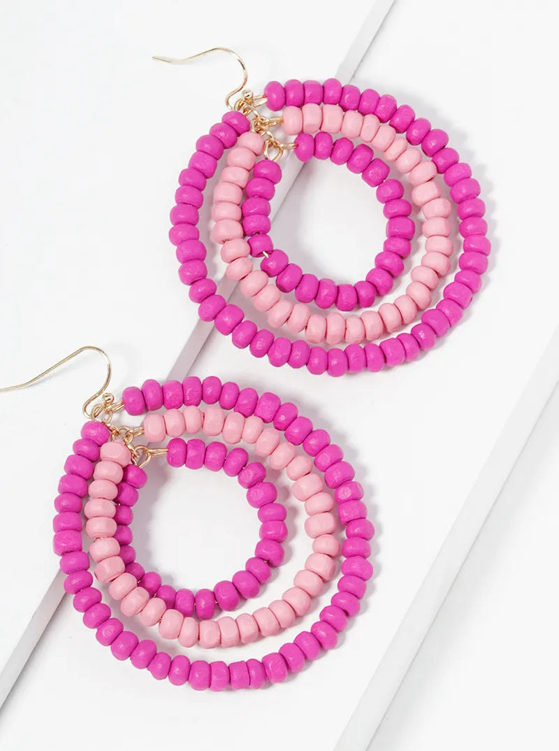 Graduated Tri Wood Beaded Circle Dangle Drop Earrings