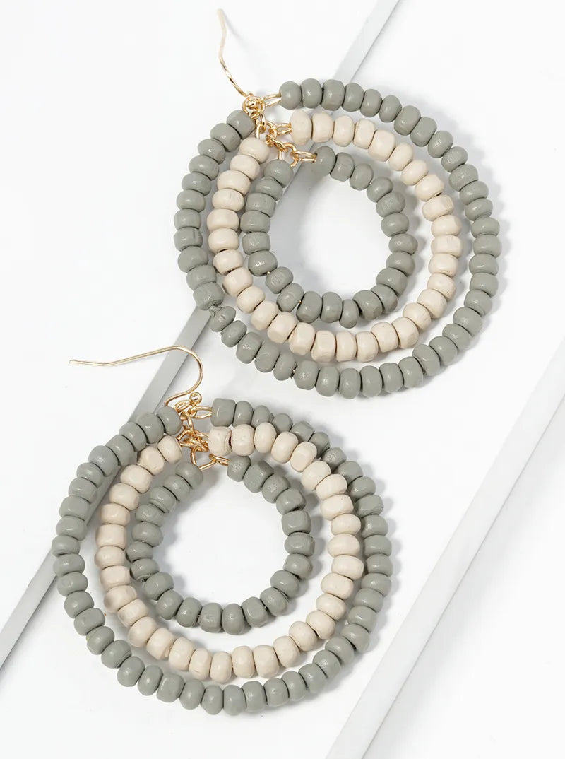 Graduated Tri Wood Beaded Circle Dangle Drop Earrings