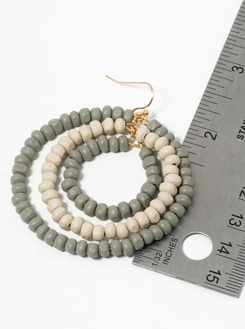Graduated Tri Wood Beaded Circle Dangle Drop Earrings