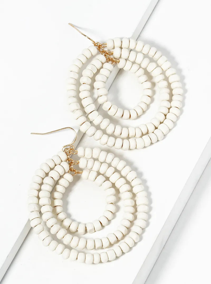 Graduated Tri Wood Beaded Circle Dangle Drop Earrings