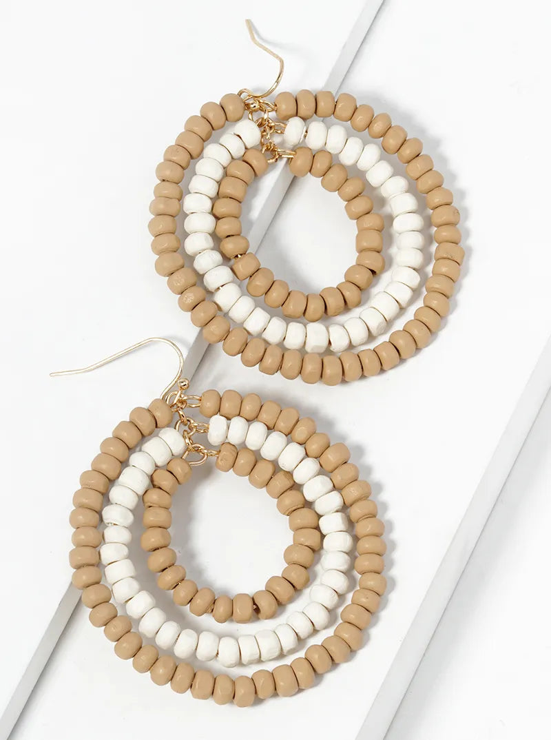 Graduated Tri Wood Beaded Circle Dangle Drop Earrings
