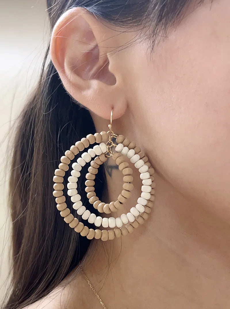 Graduated Tri Wood Beaded Circle Dangle Drop Earrings