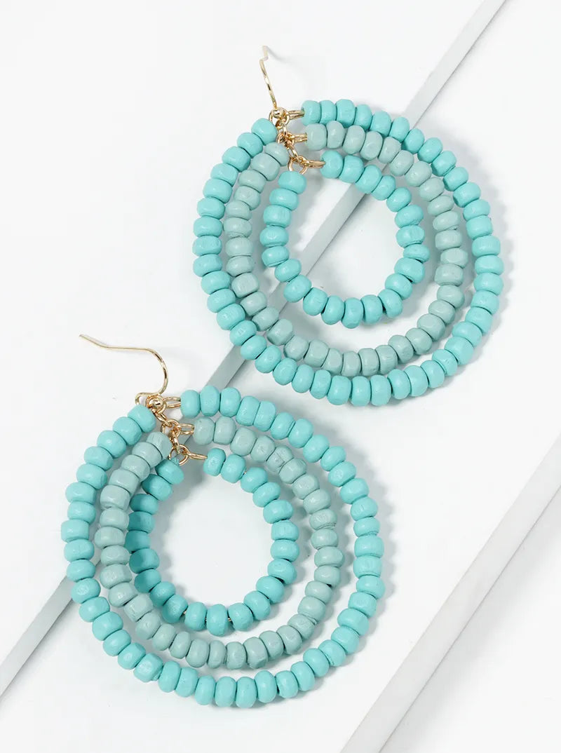 Graduated Tri Wood Beaded Circle Dangle Drop Earrings