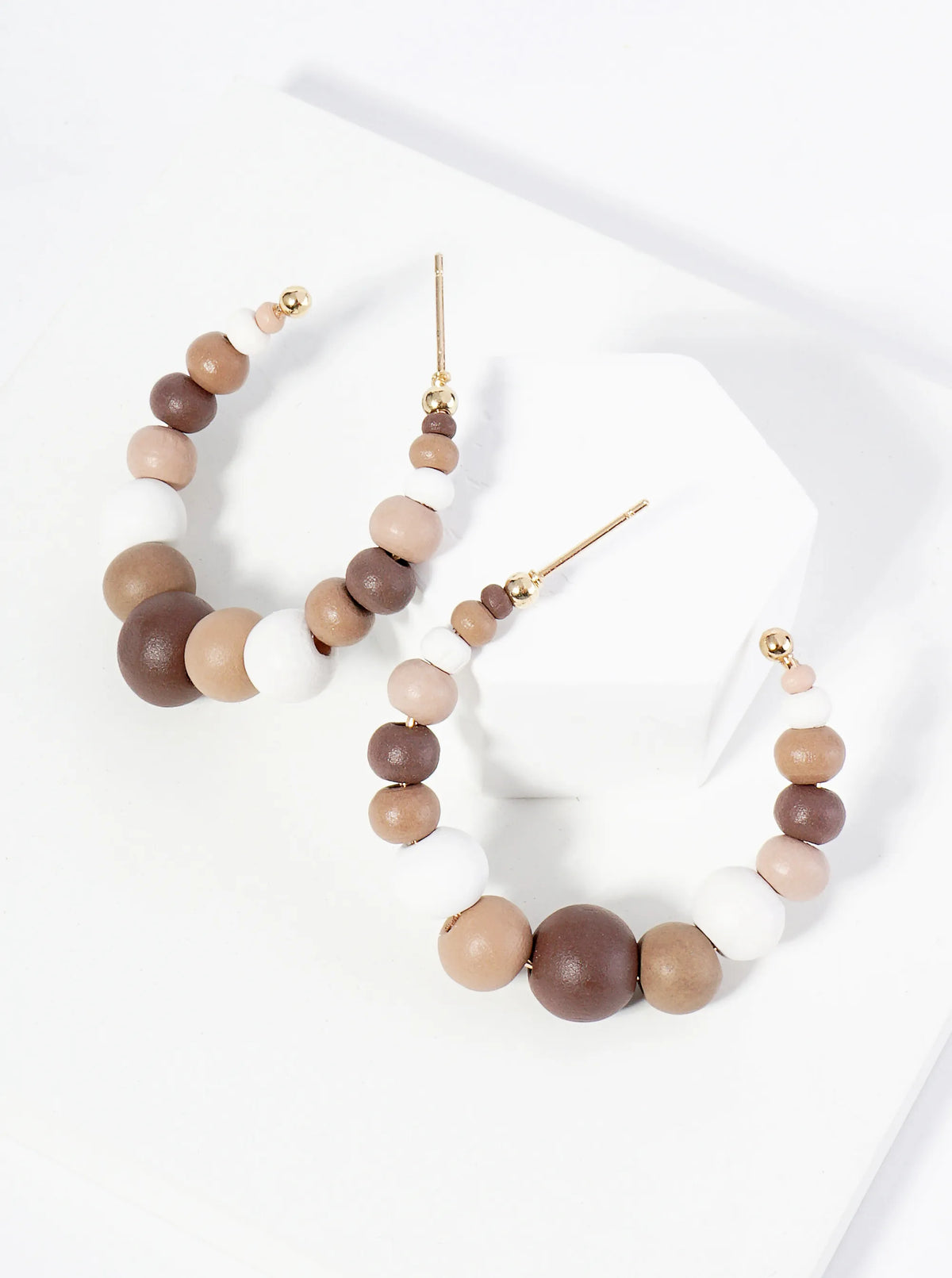 Graduated Wood Beaded Lightweight 40mm Open Hoop Earrings
