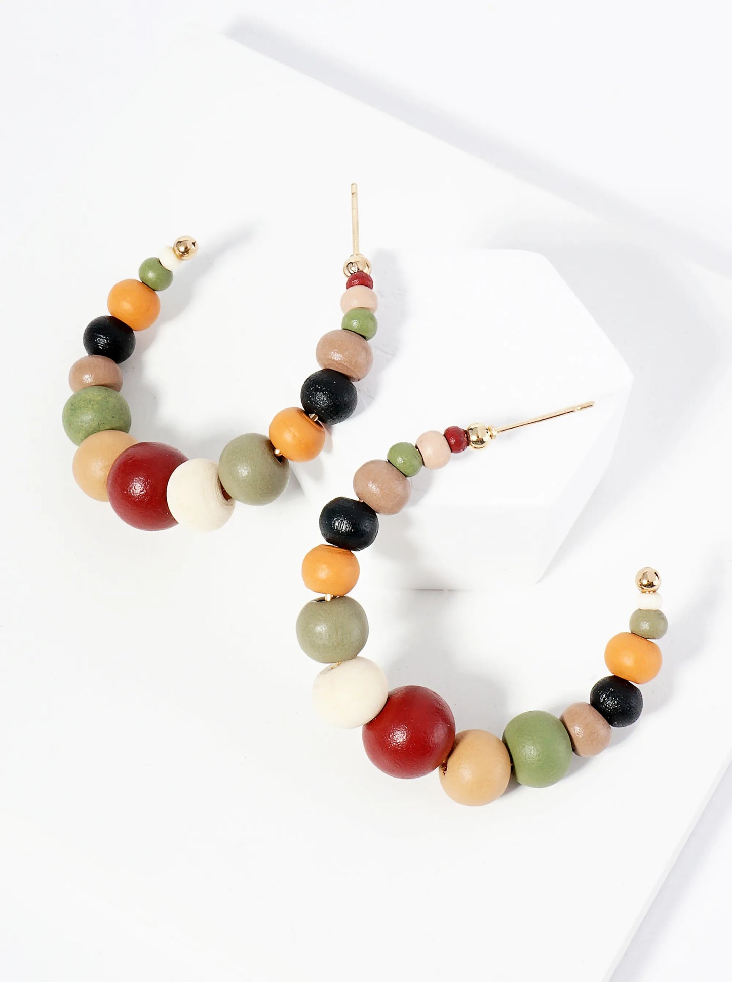 Graduated Wood Beaded Lightweight 40mm Open Hoop Earrings
