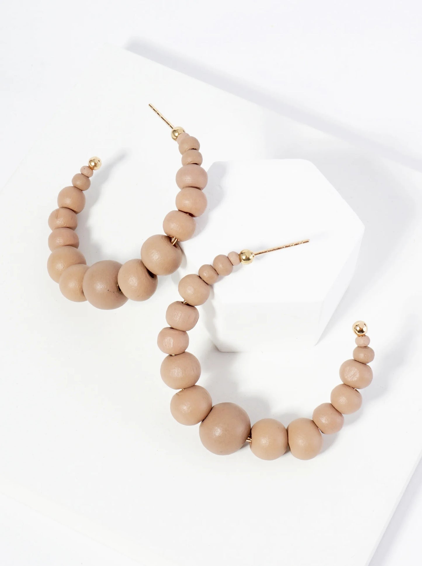 Graduated Wood Beaded Lightweight 40mm Open Hoop Earrings