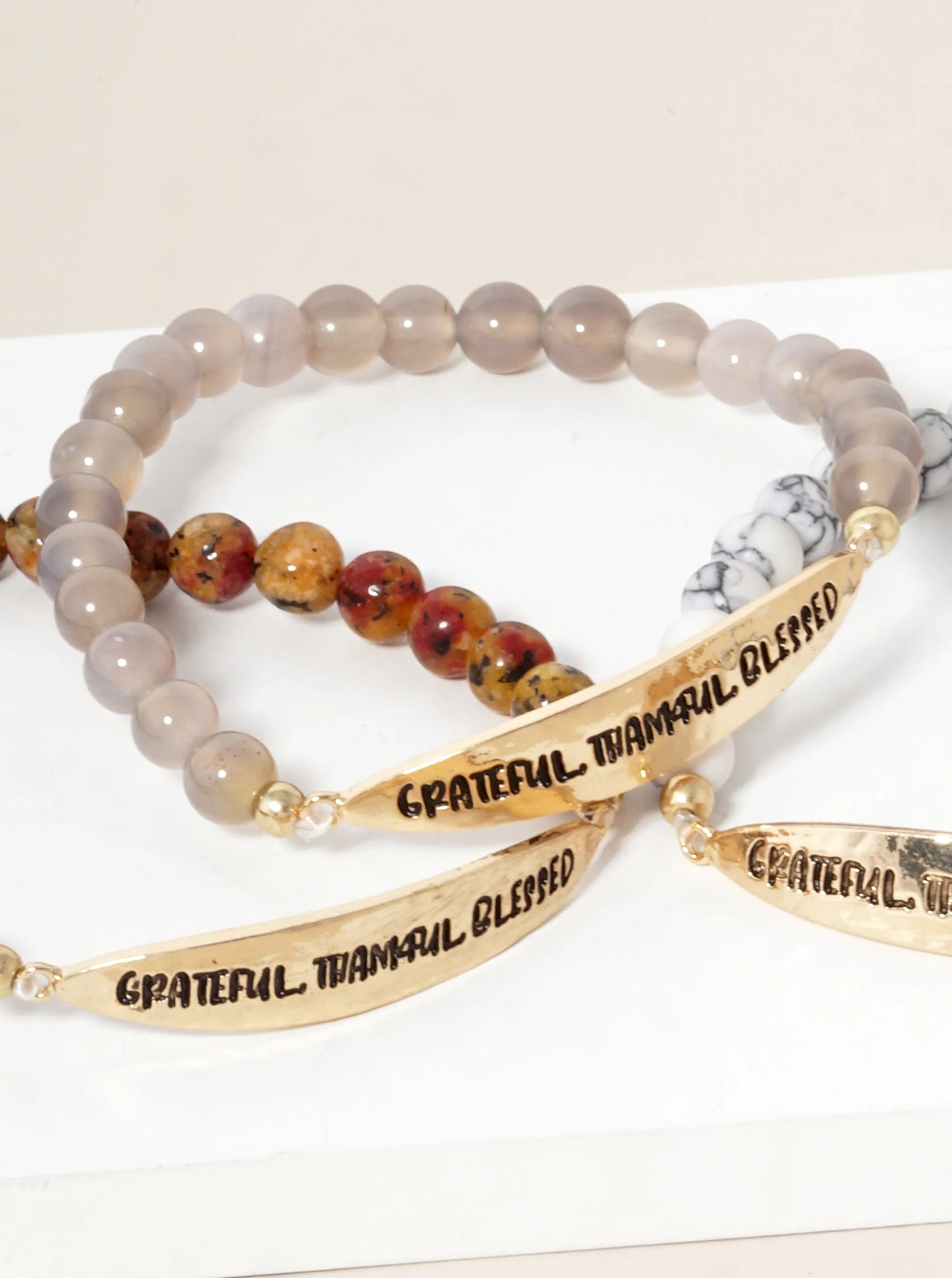 Grateful Thankful Blessed Engraved 6mm Semi-Precious Stone Stretch Bracelet