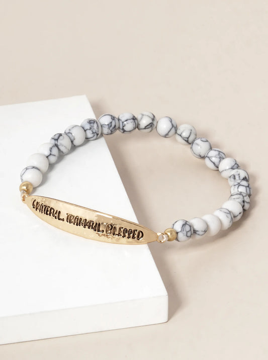 Grateful Thankful Blessed Engraved 6mm Semi-Precious Stone Stretch Bracelet