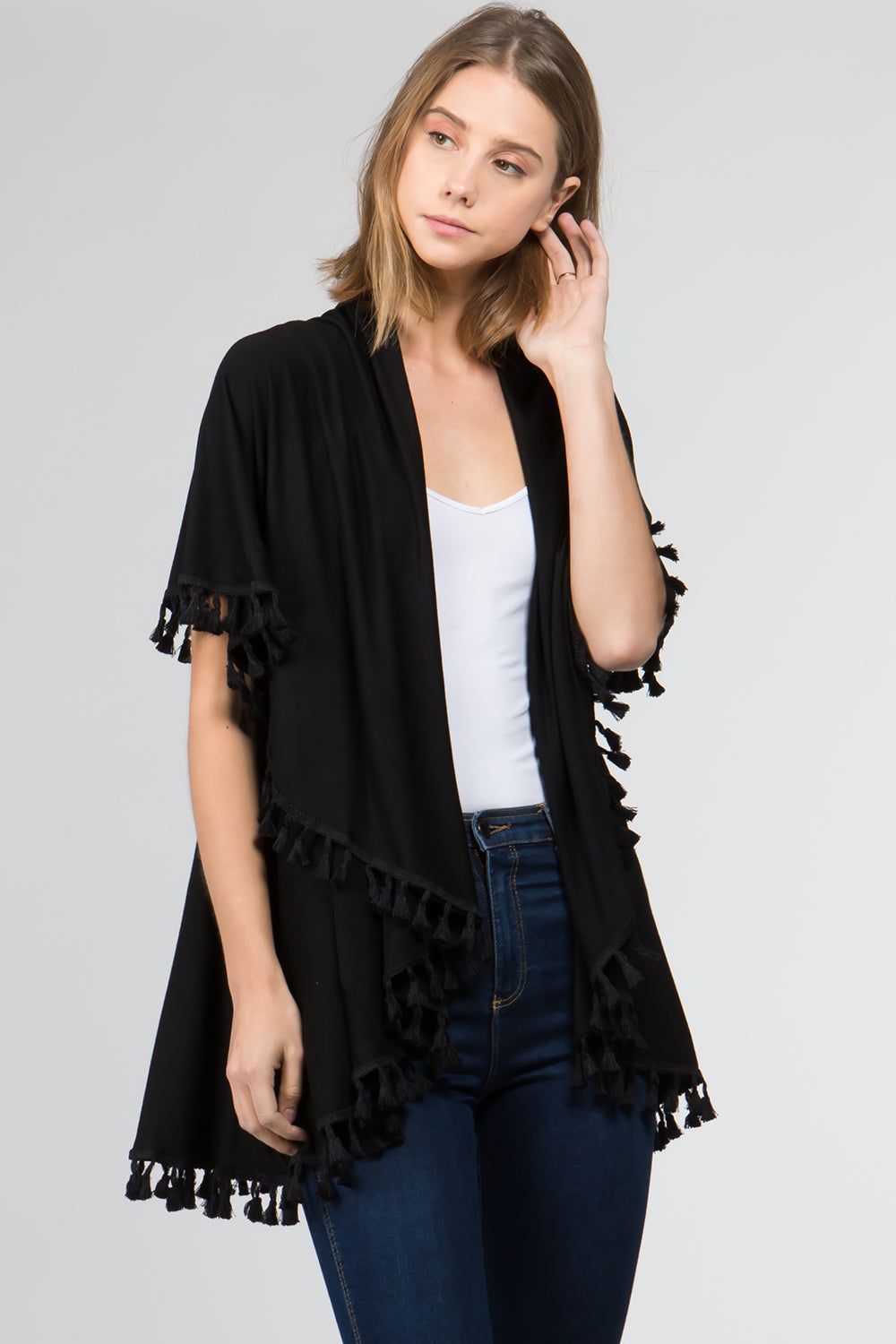 HALF COTTON HALF POLYESTER SOLID COLOR VEST W TESSEL SCARF