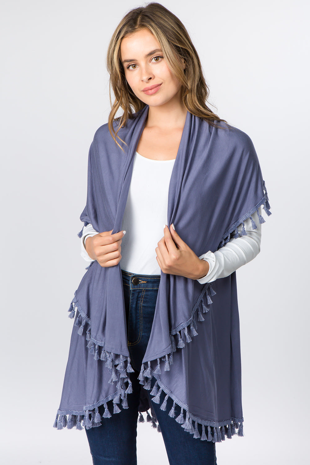 HALF COTTON HALF POLYESTER SOLID COLOR VEST W TESSEL SCARF