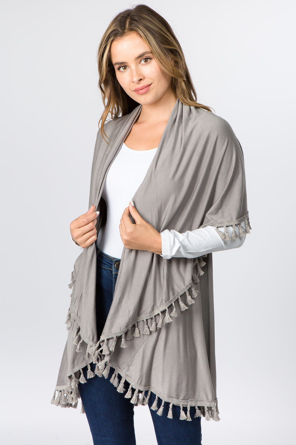HALF COTTON HALF POLYESTER SOLID COLOR VEST W TESSEL SCARF
