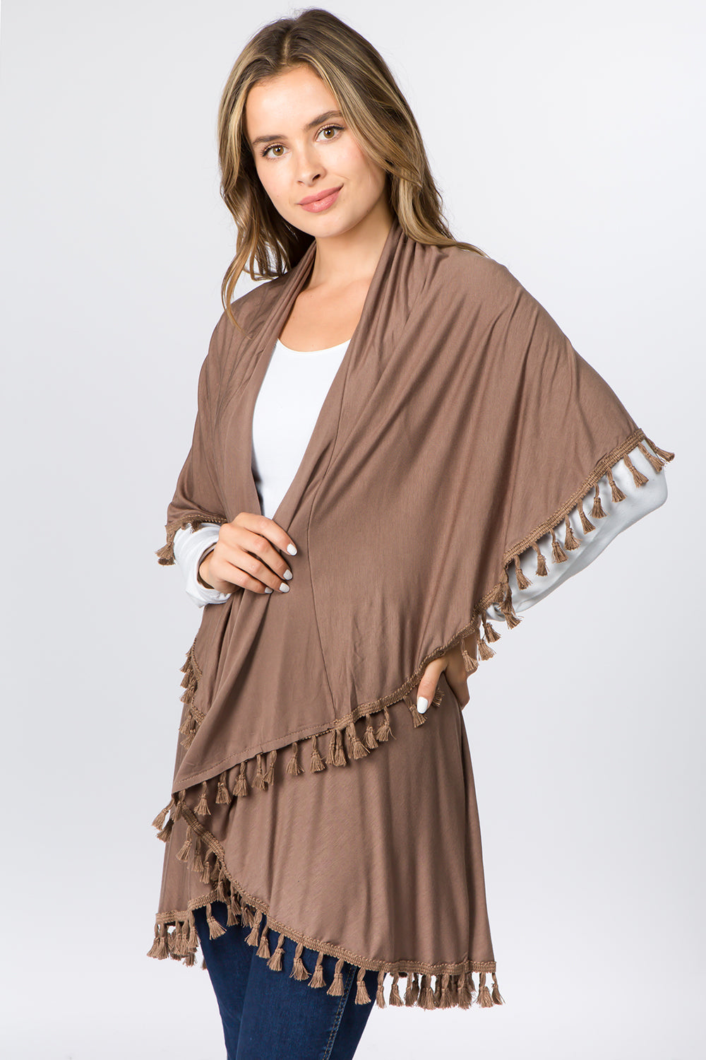 HALF COTTON HALF POLYESTER SOLID COLOR VEST W TESSEL SCARF