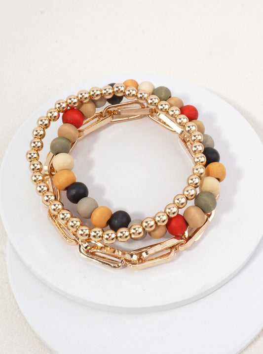 3PC-Set Chain Ball-Beaded Wood Stretch Bracelet