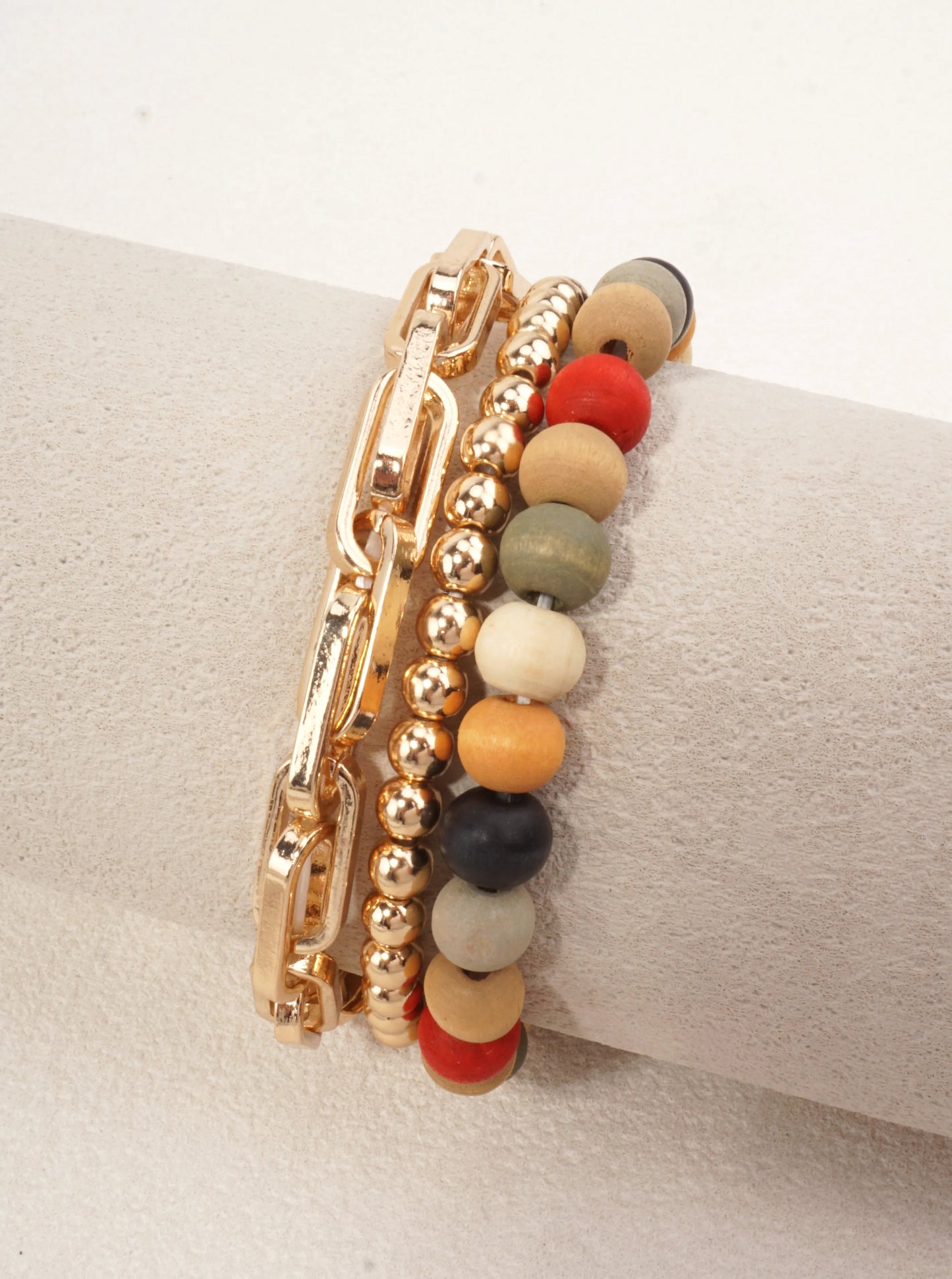 3PC-Set Chain Ball-Beaded Wood Stretch Bracelet