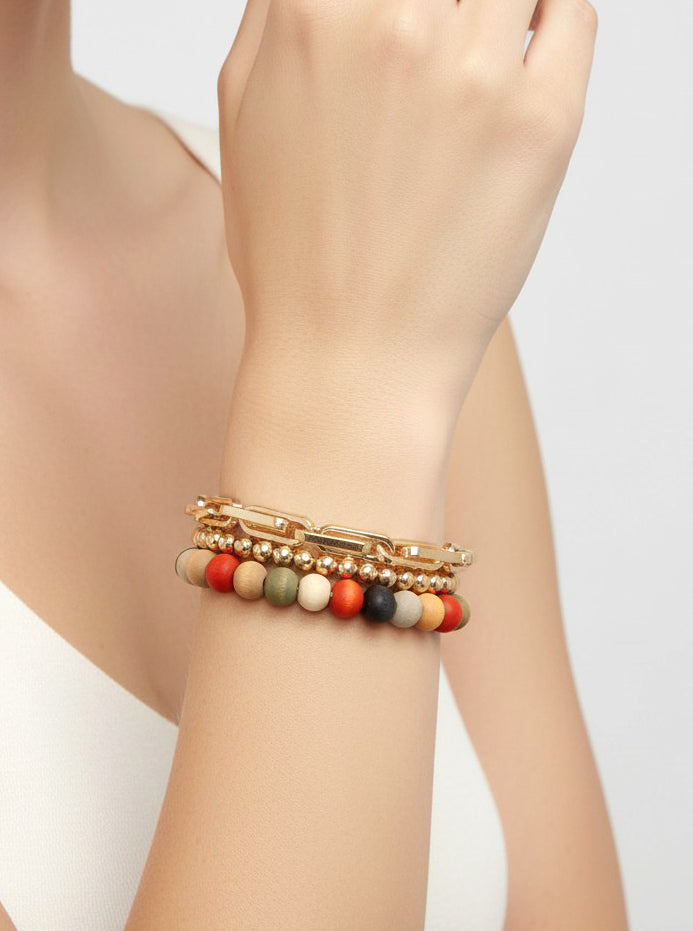 3PC-Set Chain Ball-Beaded Wood Stretch Bracelet