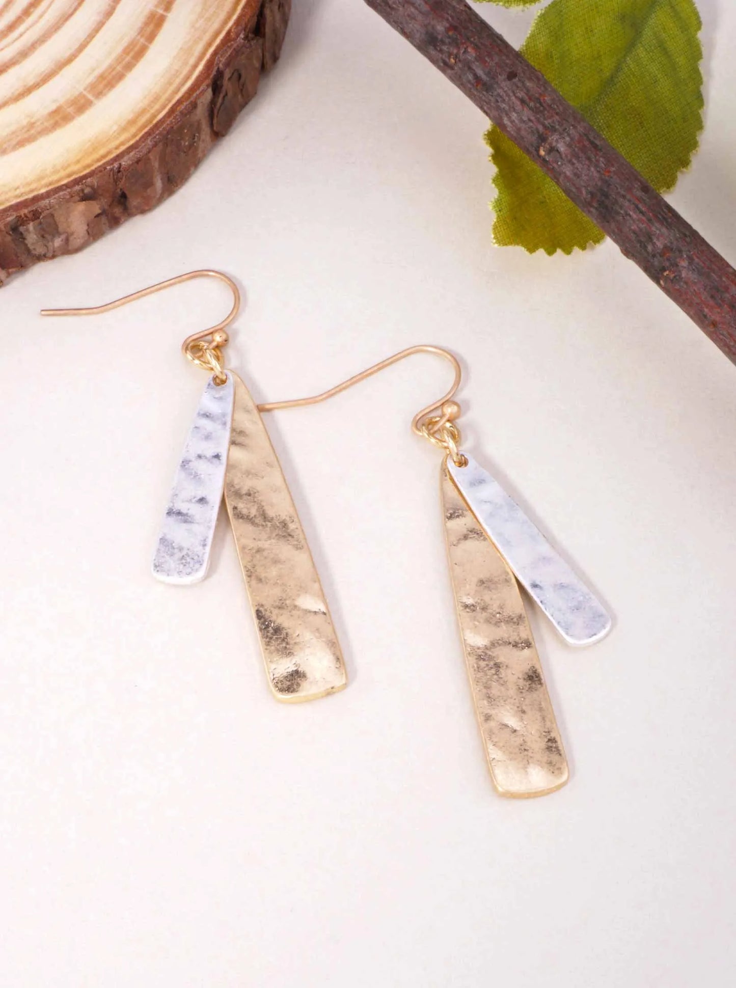 Two-Tone Hammered Bar Dangle Earrings