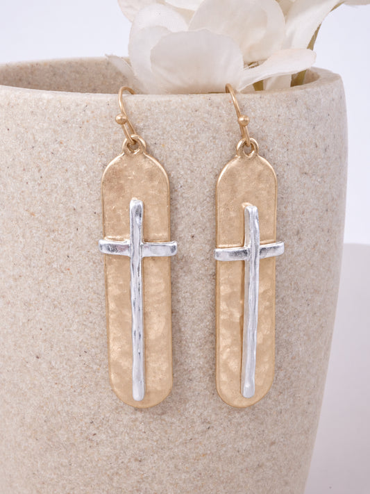 Two-Tone Hammered Raised Cross Hook Earrings
