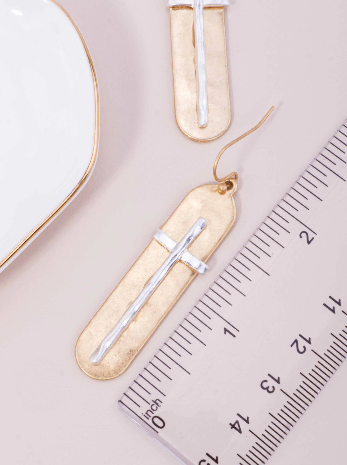 Two-Tone Hammered Raised Cross Hook Earrings