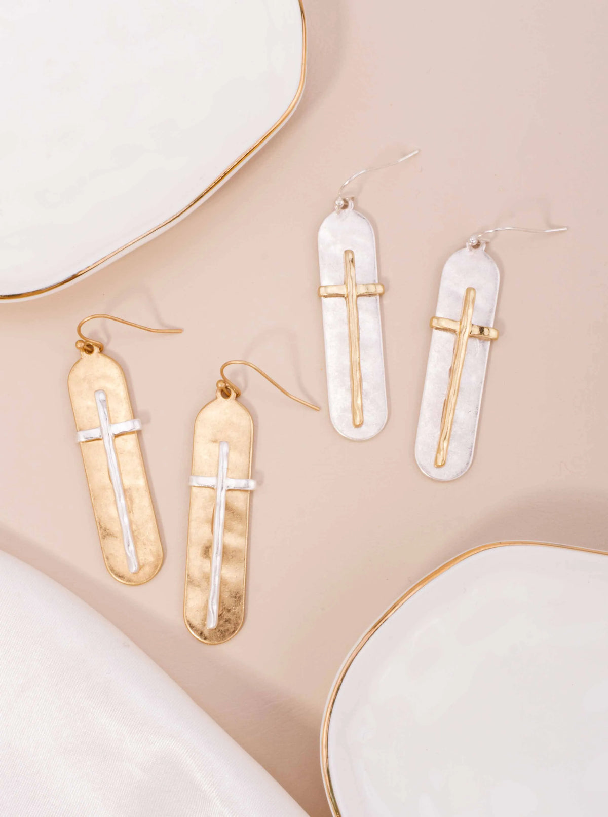 Two-Tone Hammered Raised Cross Hook Earrings