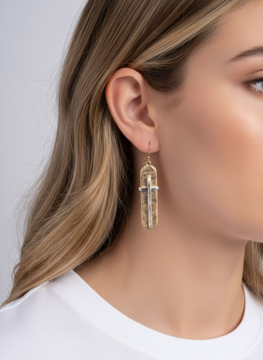 Two-Tone Hammered Raised Cross Hook Earrings