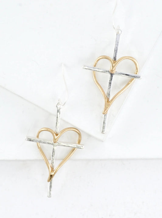 Heart Cross Brushed Dangle Earrings