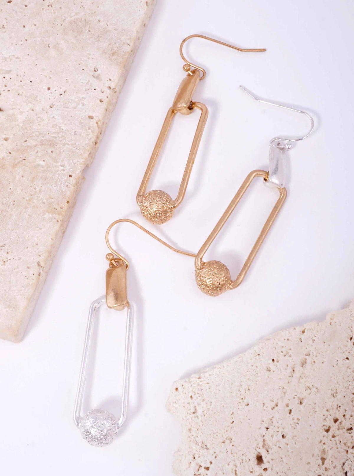Sandblasted Ball Rectangle Matte Hook Earrings