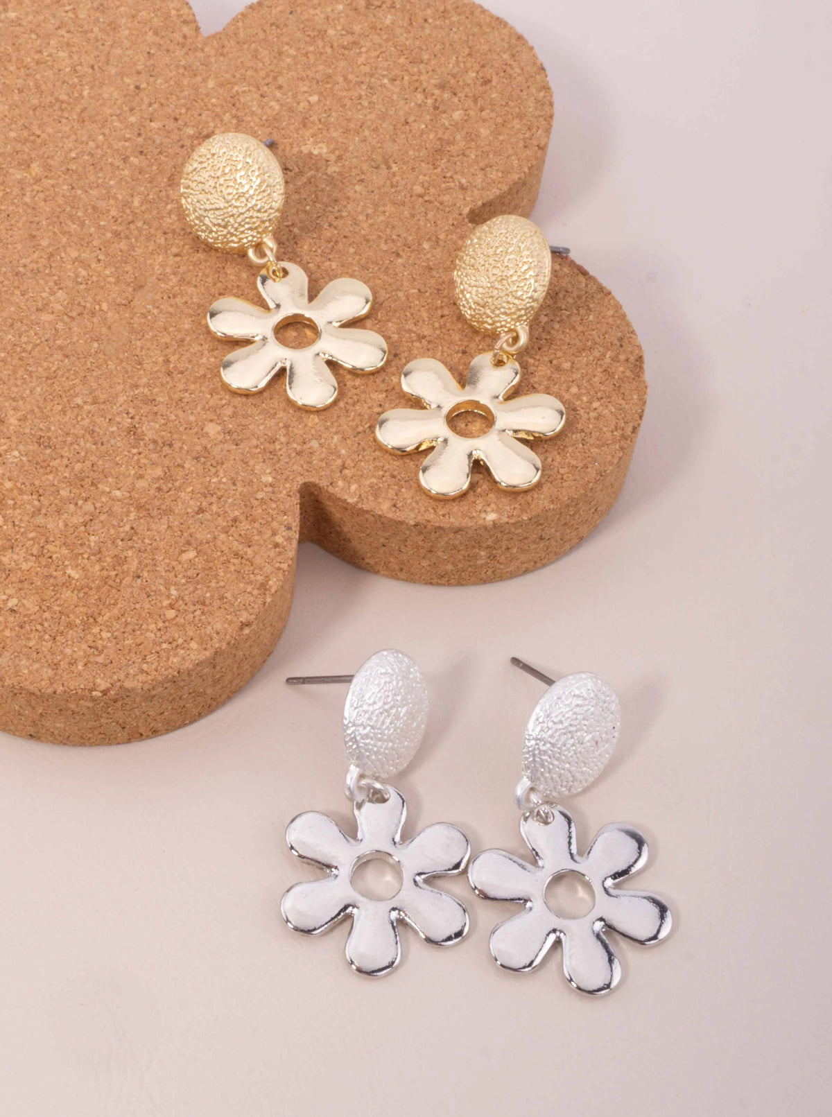 Textured Oval Polished Flower Post Drop Earrings