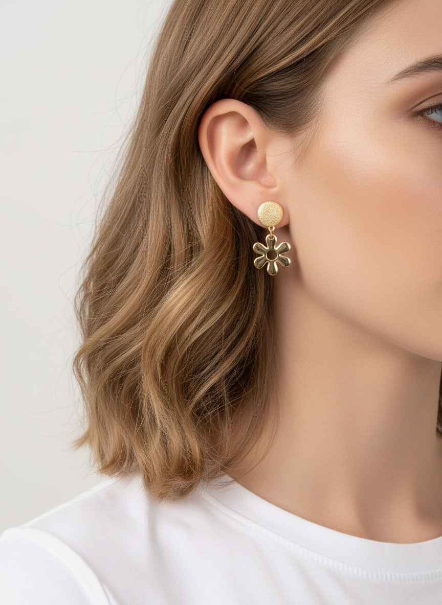 Textured Oval Polished Flower Post Drop Earrings
