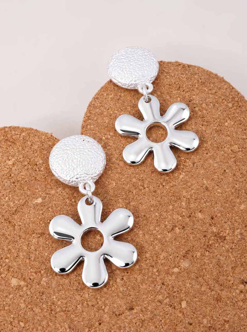 Textured Oval Polished Flower Post Drop Earrings