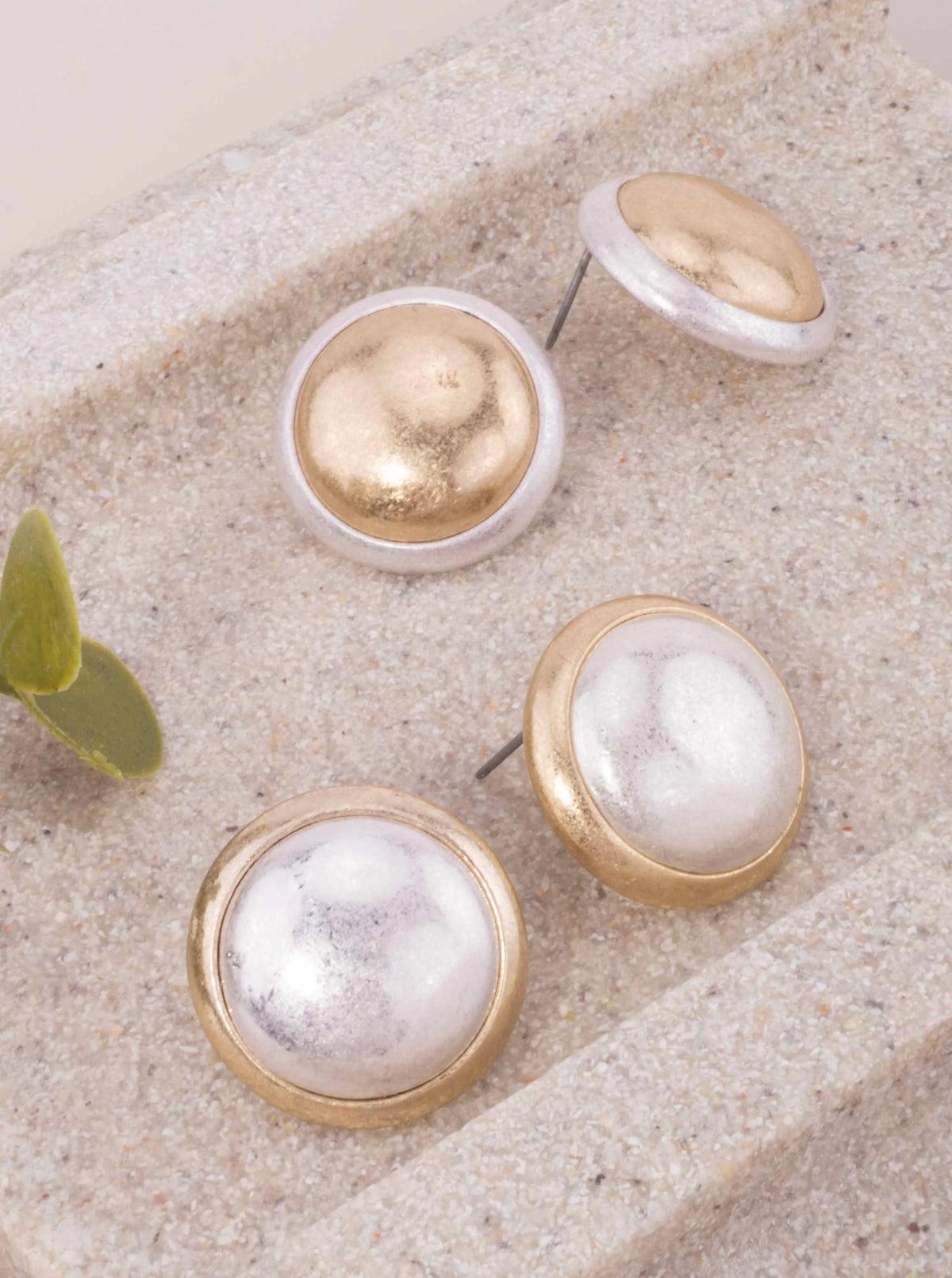 Polished Two-Tone Round Dome Worn Post Earrings