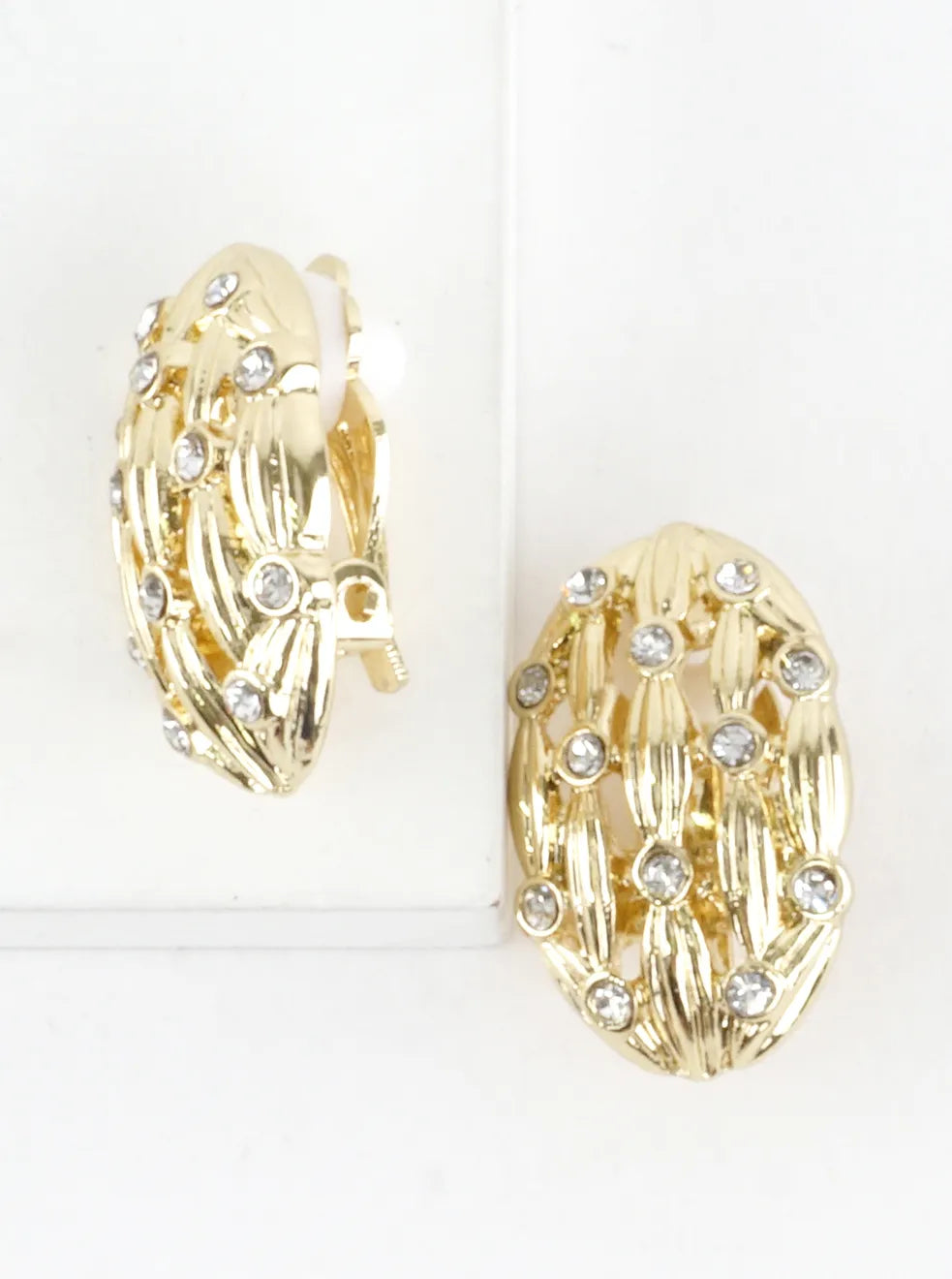 Crystal Studded Textured Oval Clip-On Earrings