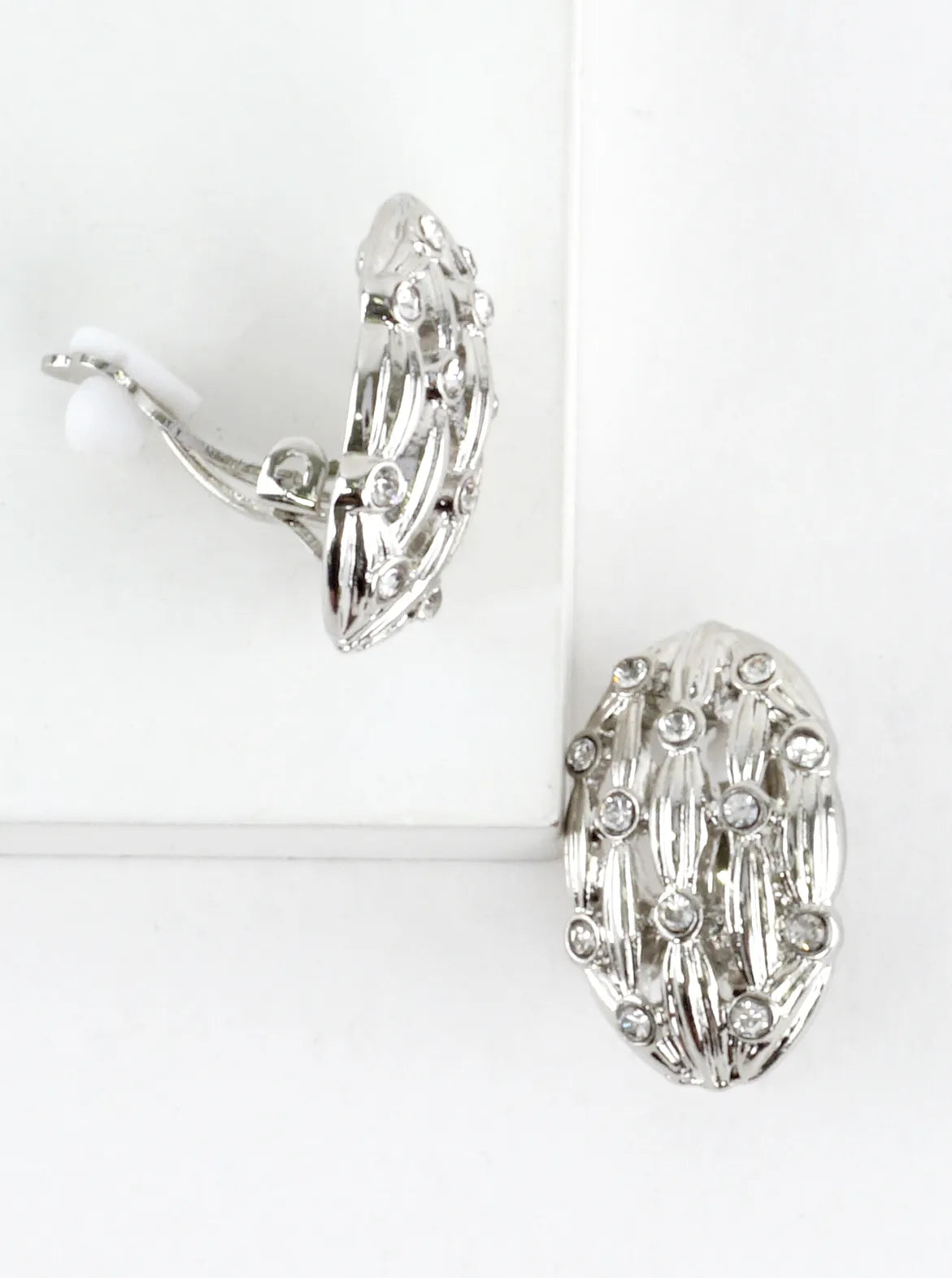 Crystal Studded Textured Oval Clip-On Earrings
