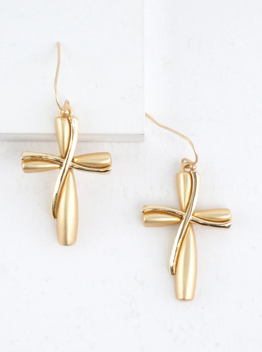 Twisted Ribbon 2 Tone Cross Drop Earrings