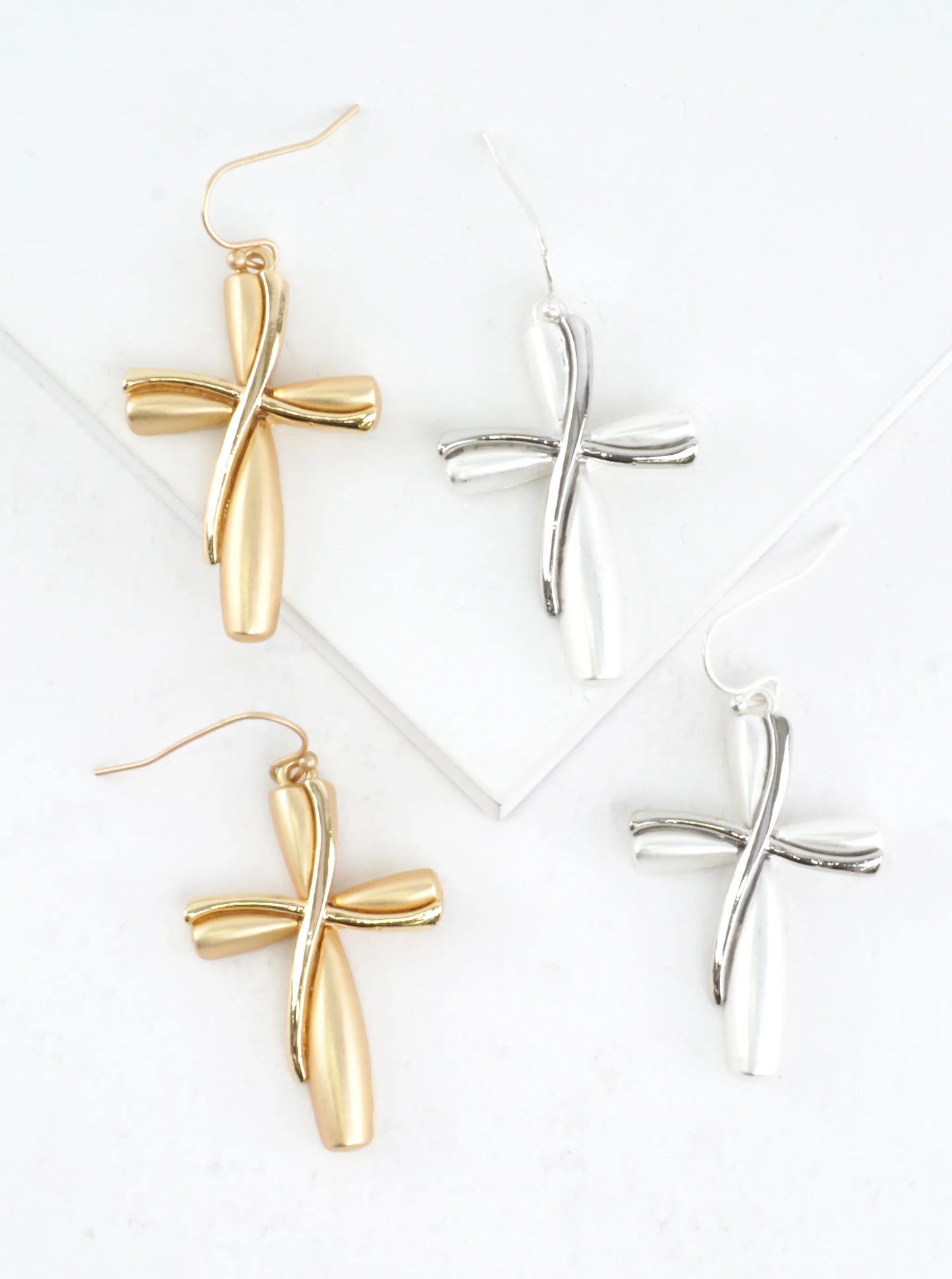 Twisted Ribbon 2 Tone Cross Drop Earrings