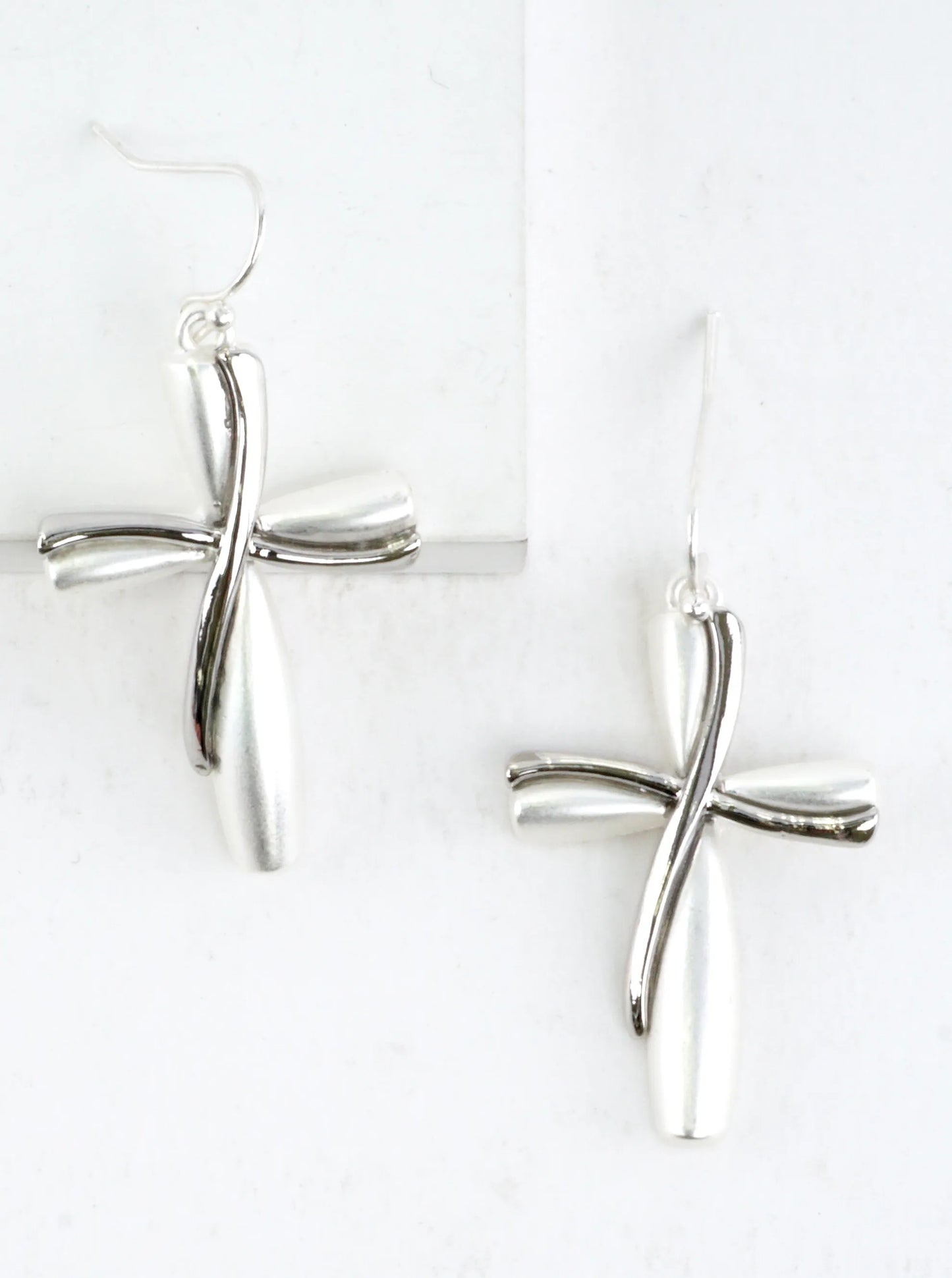 Twisted Ribbon 2 Tone Cross Drop Earrings