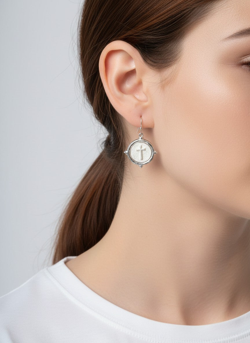 Hammered Cross Coin Dangle Earrings