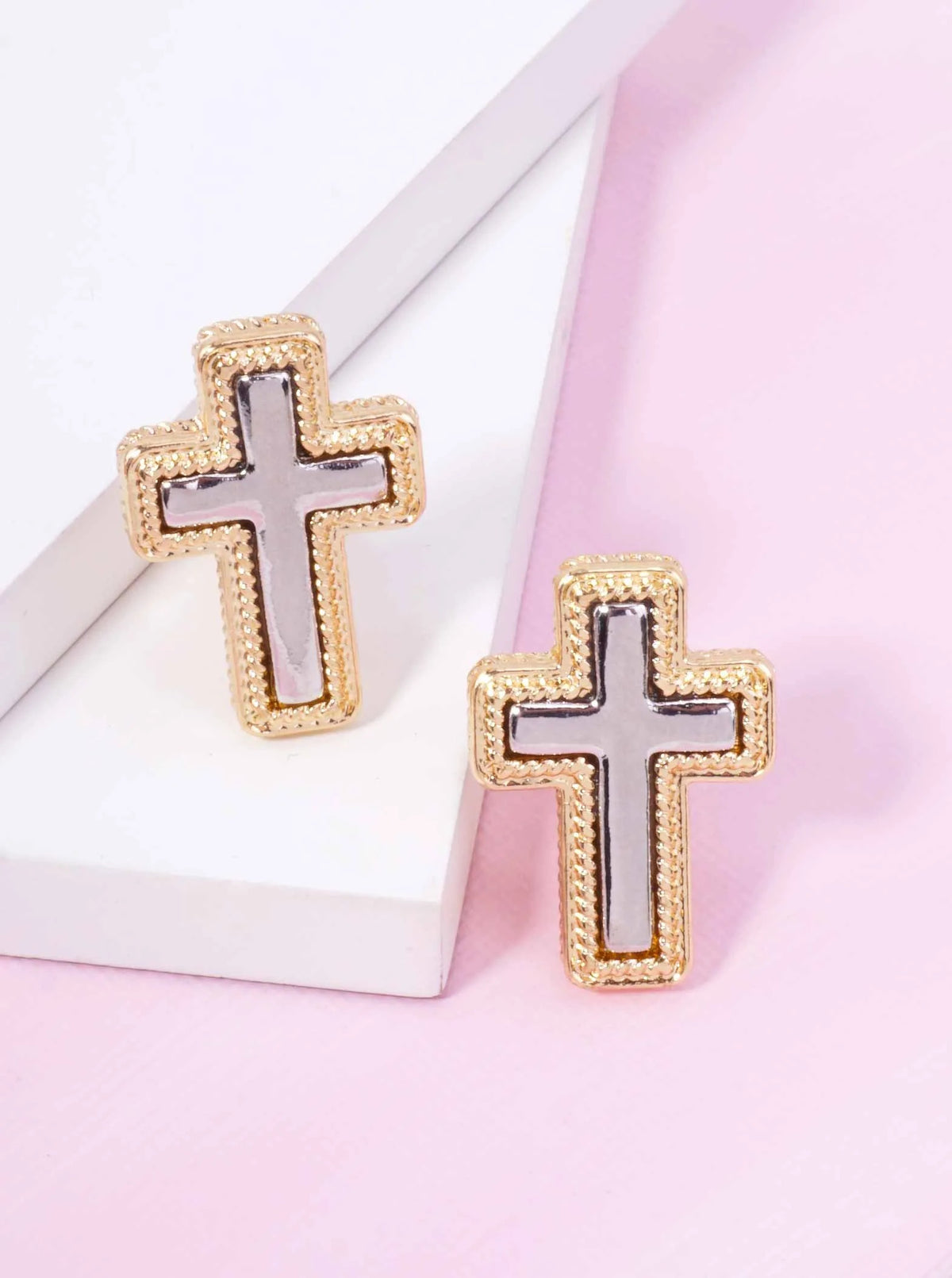 Two-Tone Polished Rope Cross Clip-on Earrings - Gold Rhodium