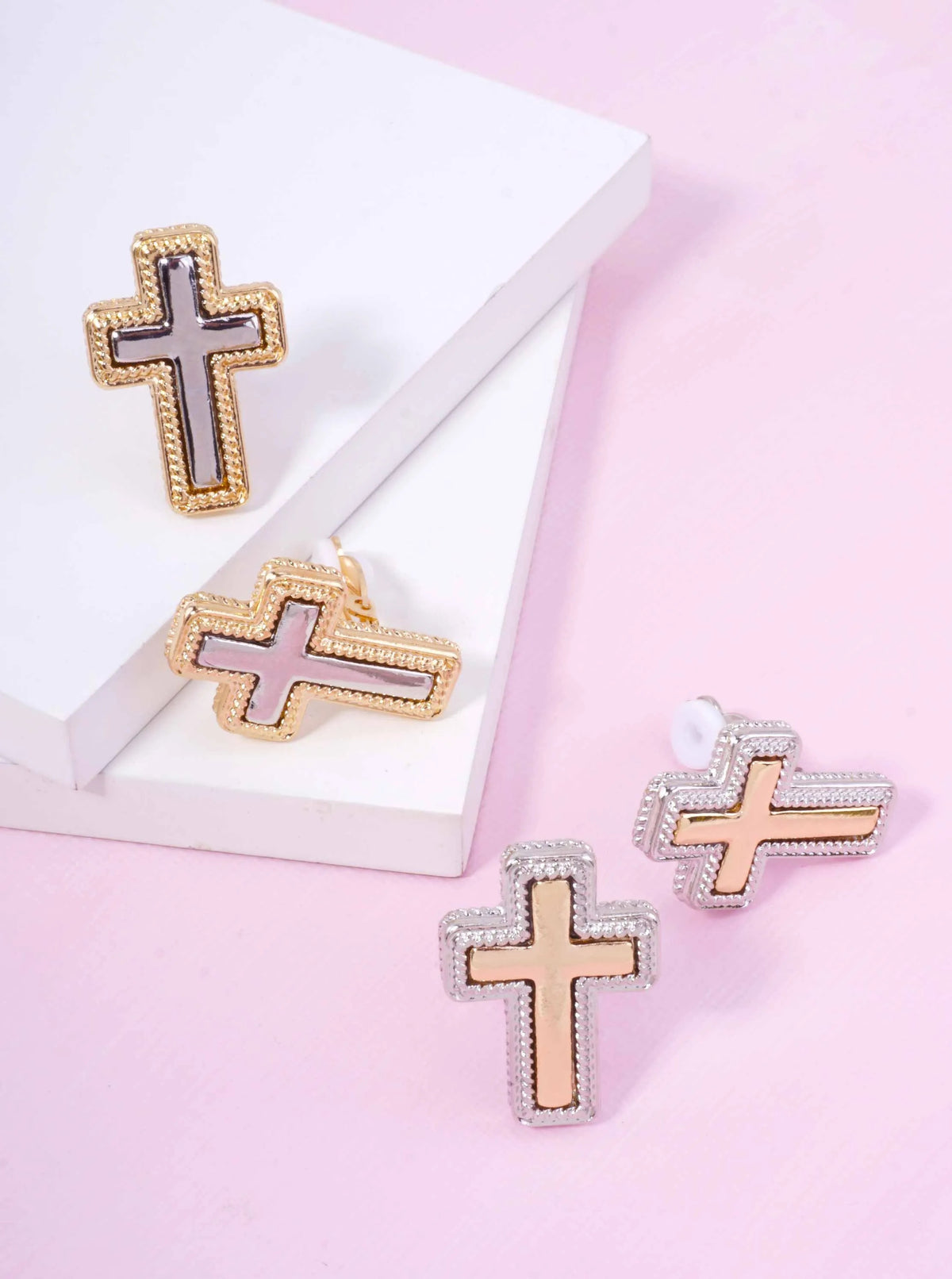 Two-Tone Polished Rope Cross Clip-on Earrings - Gold Rhodium